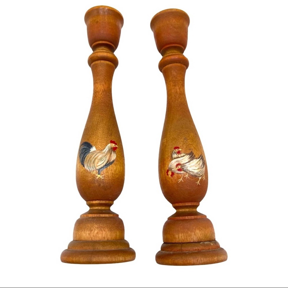 VINTAGE wooden candle holder HAND PAINTED Hen+Rooster BOHO COUNTRY